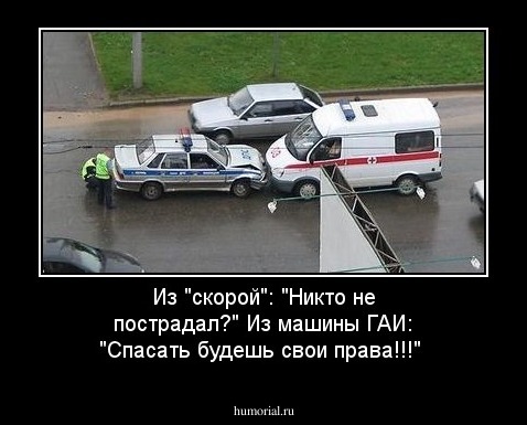 Из "скорой": "Никто не пострадал?"
Из машины ГАИ: "Спасать будешь свои права!!!"