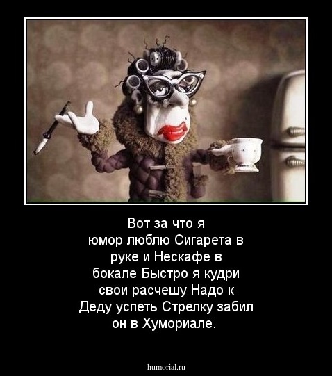 Вот за что я юмор люблю Сигарета в руке и Нескафе в бокале Быстро я кудри свои расчешу Надо к Деду успеть Стрелку забил он в Хумориале.