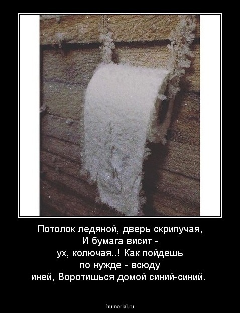 Потолок ледяной, дверь скрипучая,             И бумага висит - ух, колючая..!                      Как пойдешь по нужде - всюду иней, Воротишься домой синий-синий.