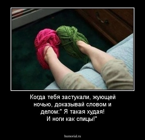 Когда тебя застукали, жующей ночью, доказывай словом и делом:" Я такая худая! И ноги как спицы!"