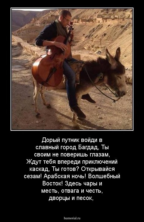 Дорый путник войди в славный город Багдад,
Ты своим не поверишь глазам,
Ждут тебя впереди приключений каскад,
Ты готов?
Открывайся сезам!
Арабская ночь!
Волшебный Восток!
Здесь чары и месть,
отвага и честь,
дворцы и песок,

