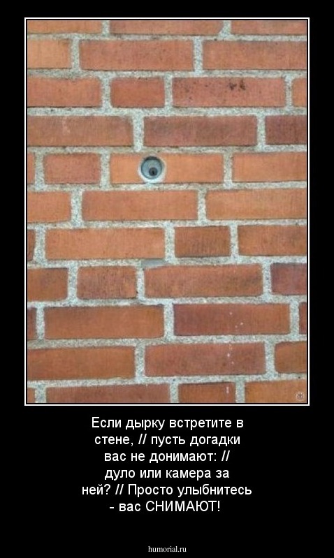 Если дырку встретите в стене, // пусть догадки вас не донимают: // дуло или камера за ней? // Просто улыбнитесь - вас СНИМАЮТ!