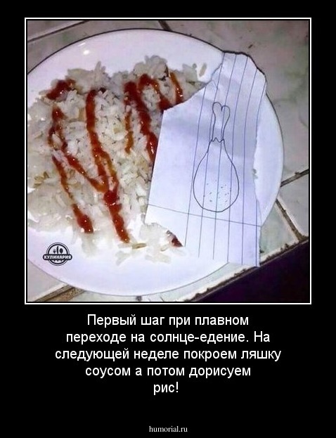 Первый шаг при плавном переходе на солнце-едение. На следующей неделе покроем ляшку соусом а потом дорисуем рис!