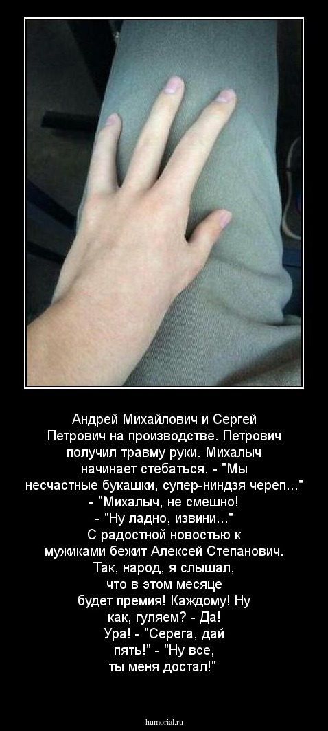 Андрей Михайлович и Сергей Петрович на производстве.
Петрович получил травму руки.
Михалыч начинает стебаться.
- "Мы несчастные букашки, супер-ниндзя череп..."
- "Михалыч, не смешно!
- "Ну ладно, извини..."
С радостной новостью к мужиками бежит Алек