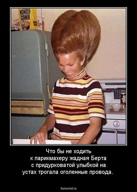 Что бы не ходить к парикмахеру жадная Берта с придурковатой улыбкой на устах трогала оголенные провода.