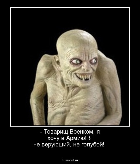 - Товарищ Военком, я хочу в Армию! Я не верующий, не голубой!