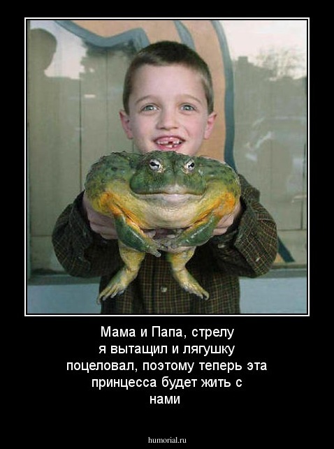 Мама и Папа, стрелу я вытащил и лягушку поцеловал, поэтому теперь эта принцесса будет жить с нами