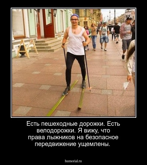 Есть пешеходные дорожки. Есть велодорожки. Я вижу, что права лыжников на безопасное передвижение ущемлены.