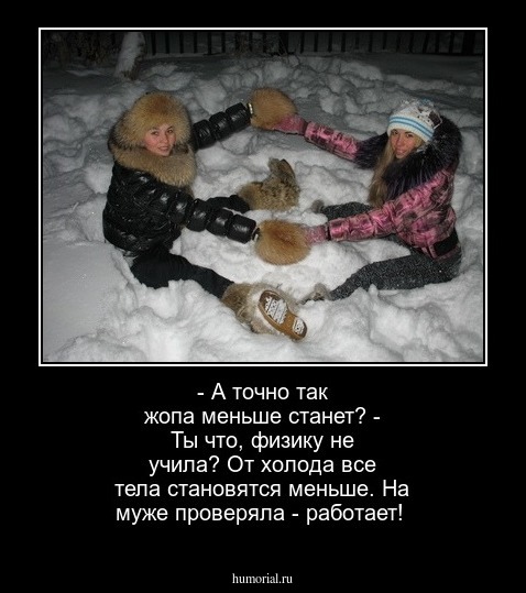 - А точно так жопа меньше станет?
- Ты что, физику не учила? От холода все тела становятся меньше. На муже проверяла - работает!