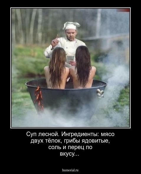 Суп лесной. Ингредиенты: мясо двух тёлок, грибы ядовитые, соль и перец по вкусу...