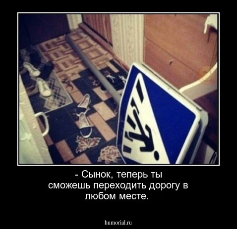 - Сынок, теперь ты сможешь переходить дорогу в любом месте.      