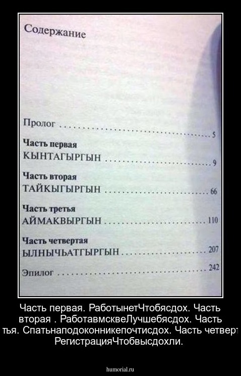 Часть первая.
РаботынетЧтобясдох.

Часть вторая .
РаботавмсквеЛучшебясдох.

Часть третья.
Спатьнаподоконникепочтисдох.

Часть четвертая.
РегистрацияЧтобвысдохли.
