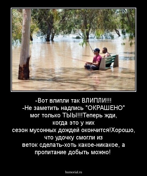 -Вот влипли так ВЛИПЛИ!!!
-Не заметить надпись "ОКРАШЕНО" мог только ТЫЫ!!!Теперь жди, когда это у них сезон мусонных дождей окончится!Хорошо, что удочку смогли из веток сделать-хоть какое-никакое, а пропитание добыть можно!