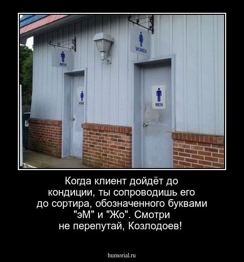 Когда клиент дойдёт до кондиции, ты сопроводишь его до сортира, обозначенного буквами "эМ" и "Жо". Смотри не перепутай, Козлодоев!