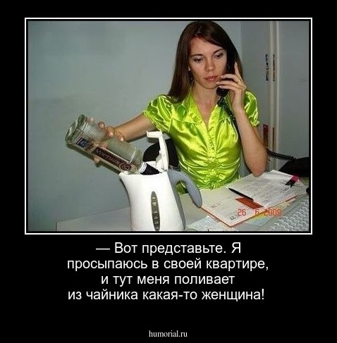 — Вот представьте. Я просыпаюсь в своей квартире, и тут меня поливает из чайника какая-то женщина!