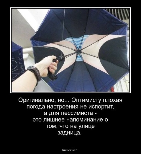 Оригинально, но... Оптимисту плохая погода настроения не испортит, а для пессимиста  - это лишнее напоминание о том, что на улице задница.