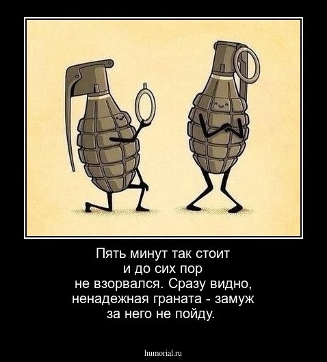 Пять минут так стоит и до сих пор не взорвался. Сразу видно, ненадежная граната - замуж за него не пойду.