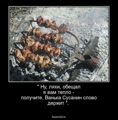 " Ну, ляхи, обещал я вам тепло - получите. Ванька Сусанин слово держит ".
