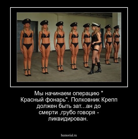 Мы начинаем операцию " Красный фонарь". Полковник Крепп должен быть зат...ан до смерти ,грубо говоря - ликвидирован.