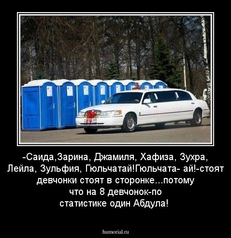 -Саида,Зарина, Джамиля, Хафиза, Зухра, Лейла, Зульфия, Гюльчатай!Гюльчата- ай!-стоят девчонки стоят в сторонке...потому что на 8 девчонок-по статистике один Абдула! 