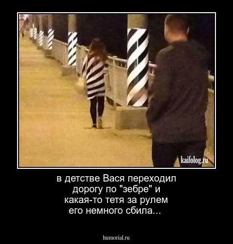 в детстве Вася переходил дорогу по  "зебре" и какая-то тетя за рулем его немного сбила...