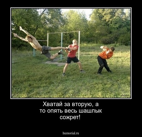 Хватай за вторую, а то опять весь шашлык сожрет!