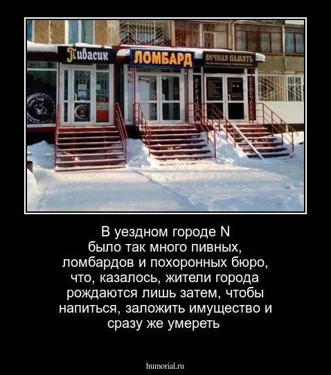 В уездном городе N было так много пивных, ломбардов и похоронных бюро, что, казалось, жители города рождаются лишь затем, чтобы напиться, заложить имущество и сразу же умереть