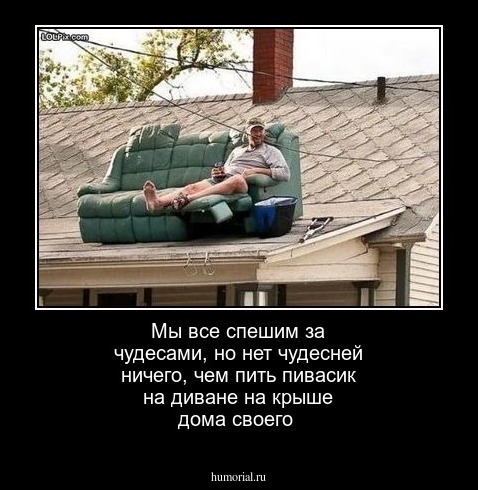 Мы  все  спешим за  чудесами, но нет  чудесней ничего, чем пить  пивасик на диване на крыше дома  своего
