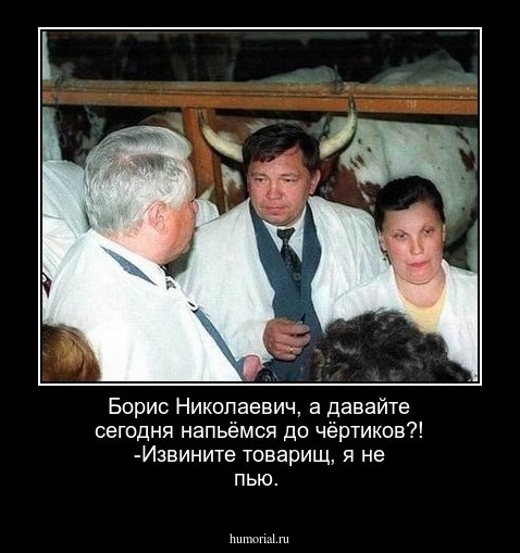 Борис Николаевич, а давайте сегодня напьёмся до  чёртиков?! -Извините товарищ,  я  не  пью.