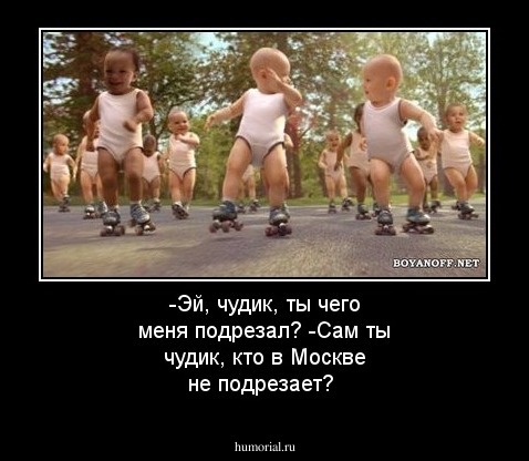 -Эй, чудик, ты чего меня подрезал? -Сам ты чудик, кто в Москве не подрезает?
