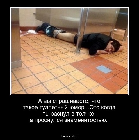 А вы спрашиваете, что такое туалетный юмор...Это когда ты заснул в толчке, а проснулся знаменитостью.