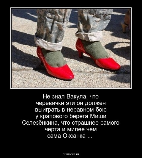 Не знал Вакула, что черевички эти он должен выиграть в неравном бою у крапового берета Миши Селезёнкина, что страшнее самого чёрта и милее чем сама Оксанка ...