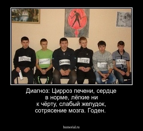 Диагноз: Цирроз печени, сердце в норме, лёгкие ни к чёрту, слабый желудок, сотрясение мозга. Годен.    