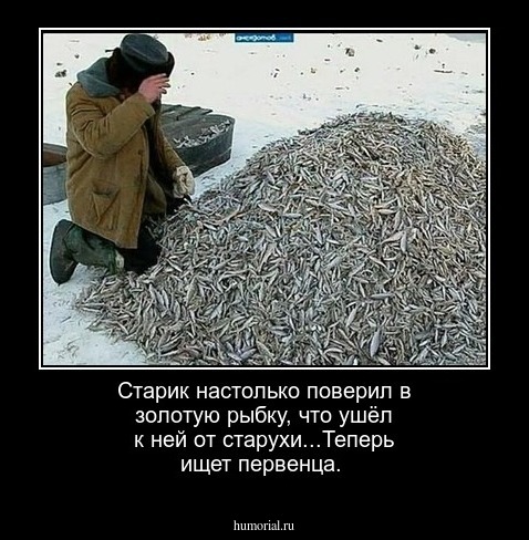 Старик настолько поверил в золотую рыбку, что ушёл к ней от старухи...Теперь ищет первенца.