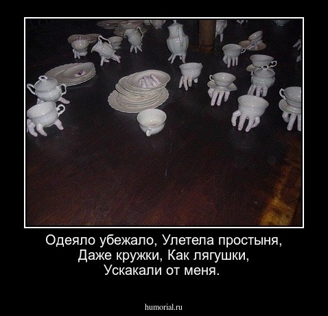 Одеяло убежало,
Улетела простыня,
Даже кружки,
Как лягушки,
Ускакали от меня.