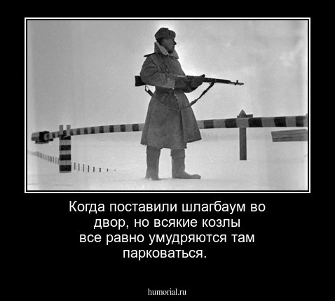 Когда поставили шлагбаум во двор, но всякие козлы все равно умудряются там парковаться.