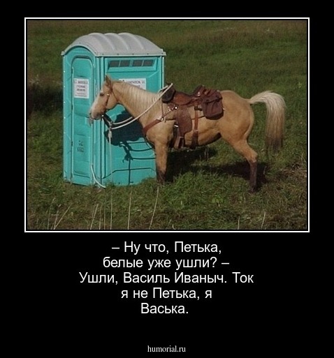 – Ну что, Петька, белые уже ушли?
– Ушли, Василь Иваныч. Ток я не Петька, я Васька.