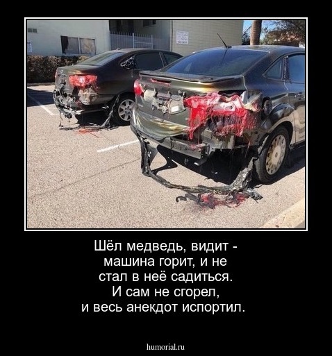 Шёл медведь, видит - машина горит, и не стал в неё садиться. И сам не сгорел, и весь анекдот испортил.