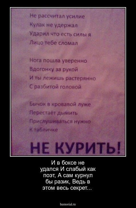 И в боксе не удался
И слабый как поэт,
А сам курнул бы разик,
Ведь в этом весь секрет...
