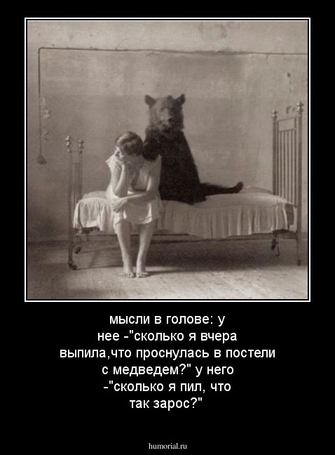 мысли в голове: у нее -"сколько я вчера выпила,что проснулась в постели с медведем?"   
у него -"сколько я пил, что так зарос?"