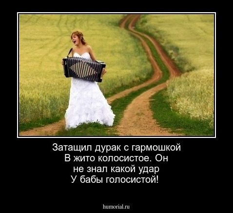 Затащил дурак с гармошкой 
В жито колосистое.
Он не знал какой удар 
У бабы голосистой!
