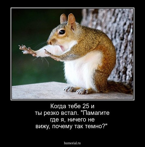 Когда тебе 25 и ты резко встал. "Памагите где я, ничего не вижу, почему так темно?"
