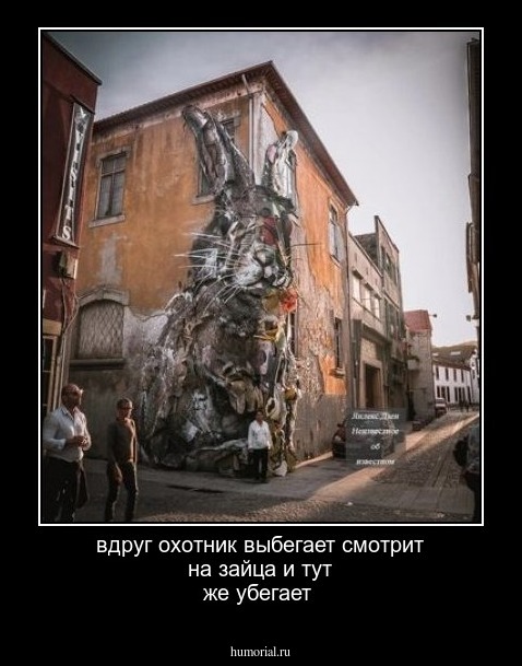 вдруг охотник выбегает смотрит на зайца и тут же убегает