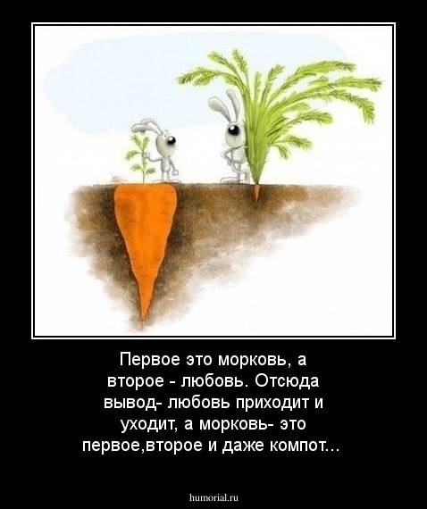 Первое это морковь, а второе - любовь. Отсюда вывод- любовь приходит и уходит, а морковь- это первое,второе и даже компот...