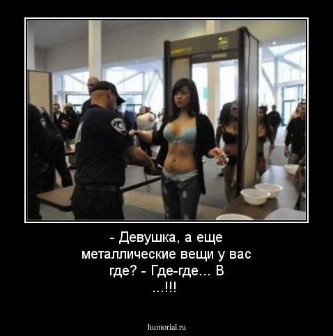  - Девушка, а еще металлические вещи у вас где?
 - Где-где... В ...!!!