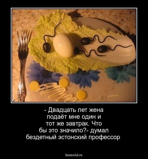 - Двадцать лет жена подаёт мне один и тот же завтрак. Что бы это значило?- думал бездетный эстонский профессор
