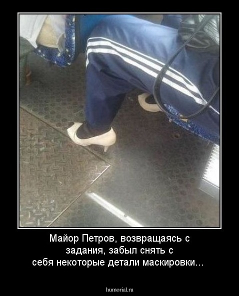 Майор Петров, возвращаясь с задания, забыл снять с себя некоторые детали маскировки...