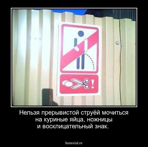Нельзя прерывистой струёй мочиться на куриные яйца, ножницы и восклицательный знак.