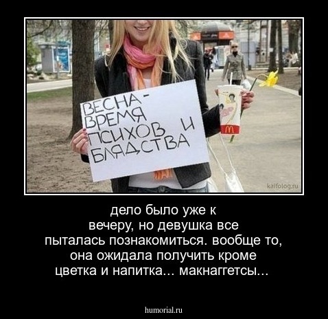 дело было уже к вечеру, но девушка все пыталась познакомиться. вообще то, она ожидала получить кроме цветка и напитка... макнаггетсы...