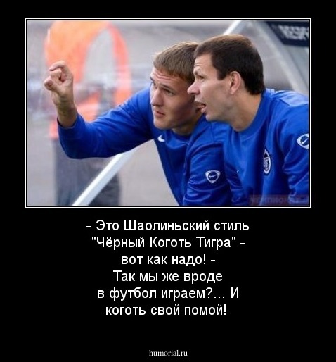 - Это Шаолиньский стиль "Чёрный Коготь Тигра" -  вот как надо!
- Так мы же вроде в футбол играем?...
И коготь свой помой!